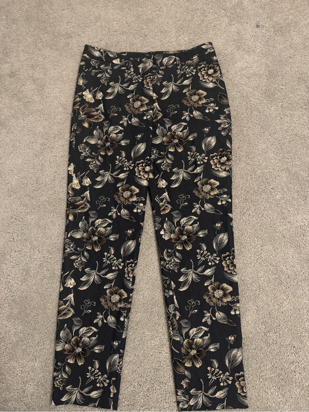 St. Emile Luxury Black Floral Slim Trousers with Beige and Cream Blooms